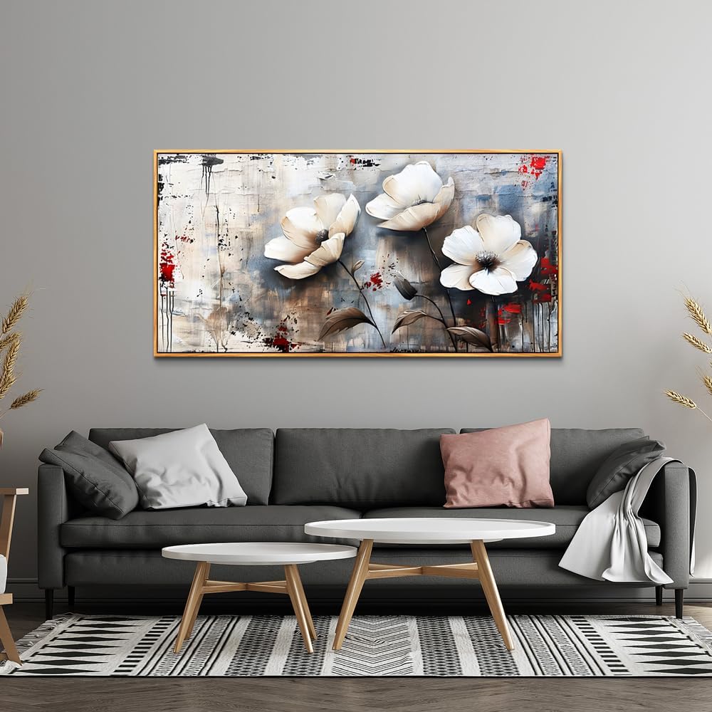 hyidecorart Boho Framed Wall Decor For Living Room Large Wall Art For Office Bedroom Decor Flowers Wall Painting Textured Pictures Artwork Vintage Style Wood Framed Canvas Prints Modern Hotel Mural