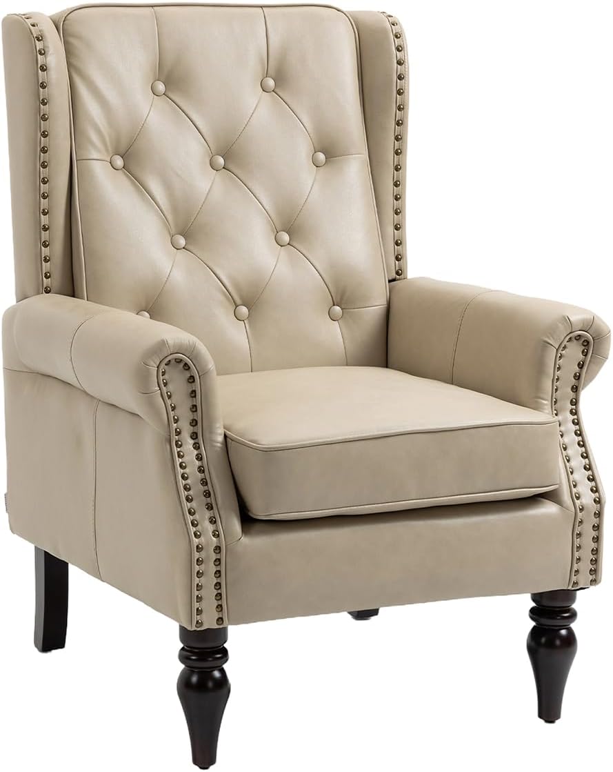 Mid-Century High Wingback Chair Set of 2,Faux Leather Accent Chair Armchair with Buttons,Modern Living Room Chairs with Rivet Decoration,Leisure Single Sofa Chair for Bedroom,Home Reception,Camel