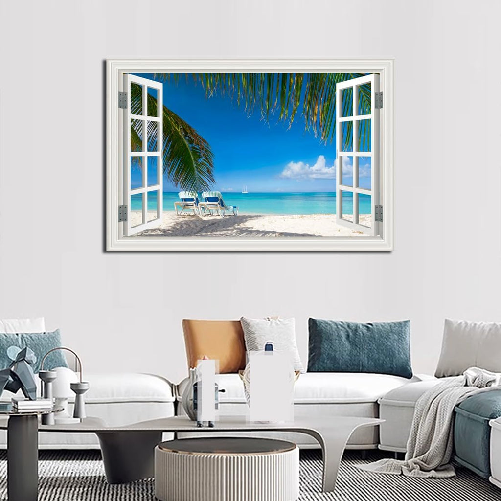 Ocean Wall Art Decor for Living Room Large Beach Canvas Picture for Wall Window Frame Style Palm Tree Artwork Coastal Art Print for Bedroom Blue Seascape Painting for Homen Office decoration, Ready to