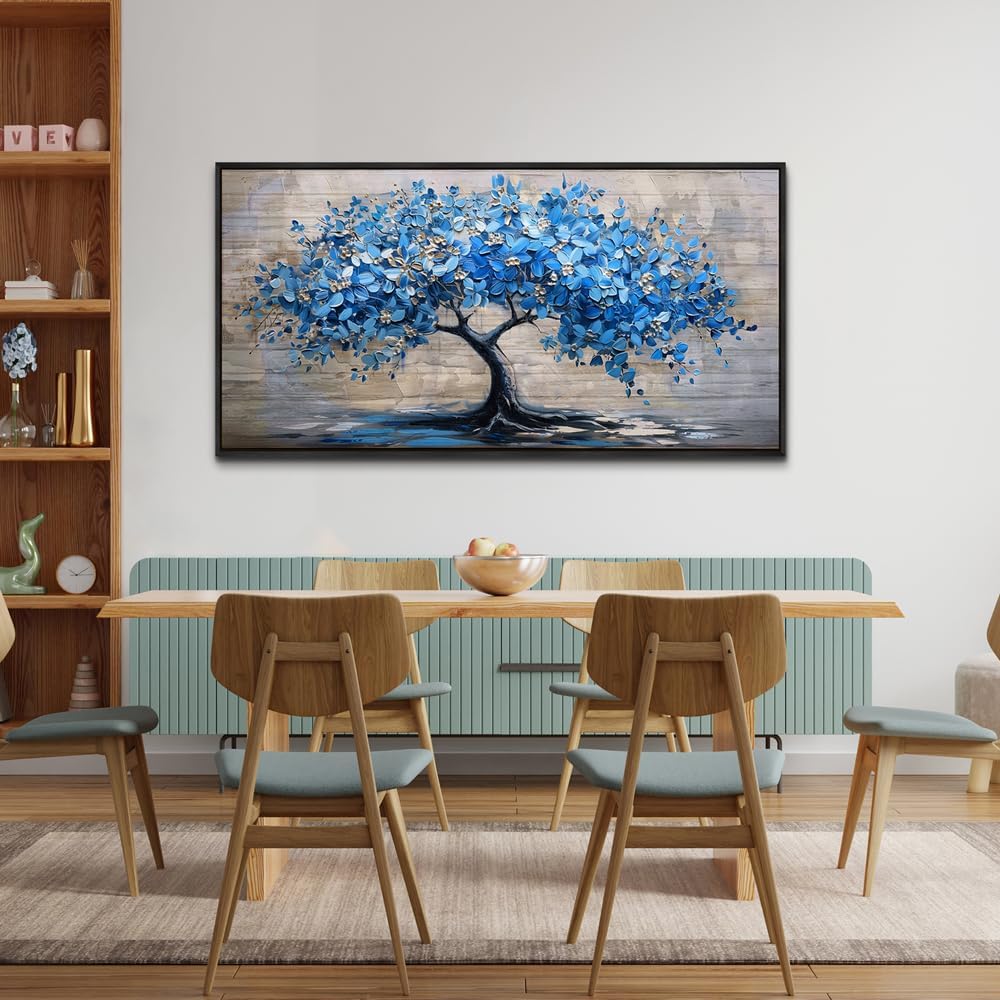 ERQINHUA Large Canvas Wall Art For Living Room Farmhouse Wall Decor For Bedroom Abstract Paintings Blue Tree Wall Pictures Artwork Office Decoration Dormitory Home Decor Black Framed 24x48 Inches