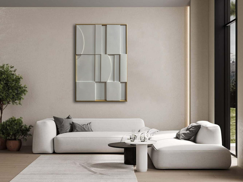 Slyart 3D White Textured Wall Art, Handmade Verical Abstract Relief Wall Art Framed Wall Decorations Artwork, Minimalist White Painting
