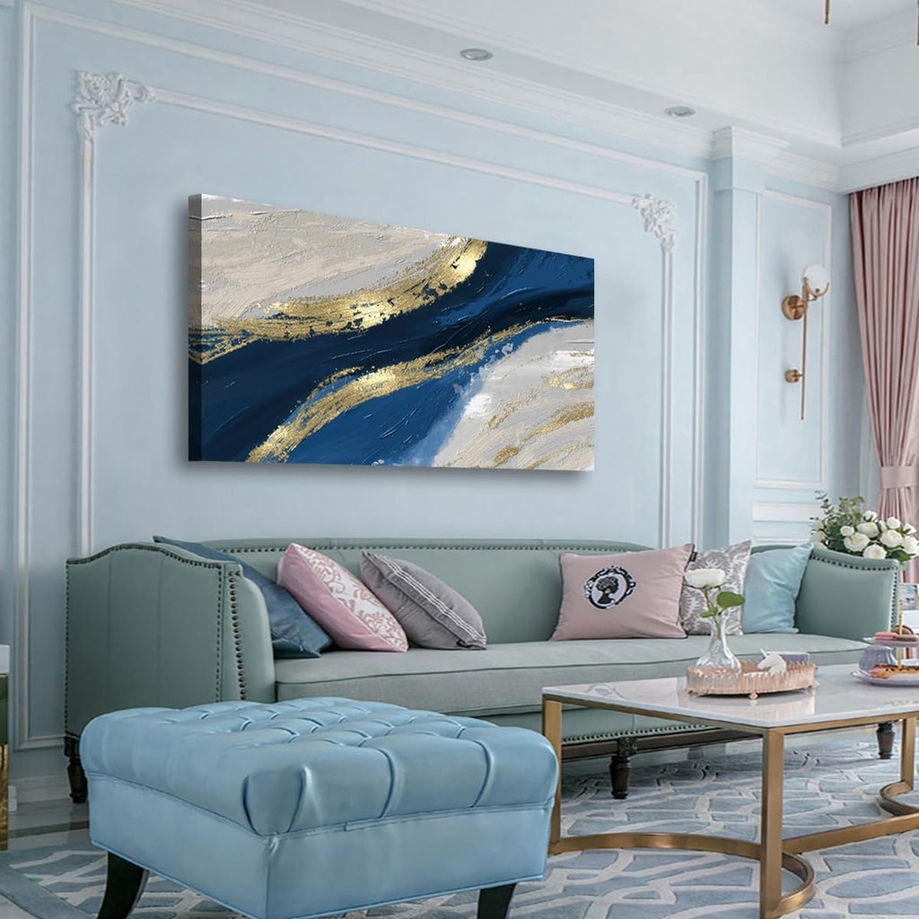 Abstract Canvas Wall Art for Living room Office Bedroom Golden Blue Wall Art Print Oil Paintings Modern Abstract River Texture Pictures Wall Decor Artwork Waterproof Ready to Hang - 70in * 35inch