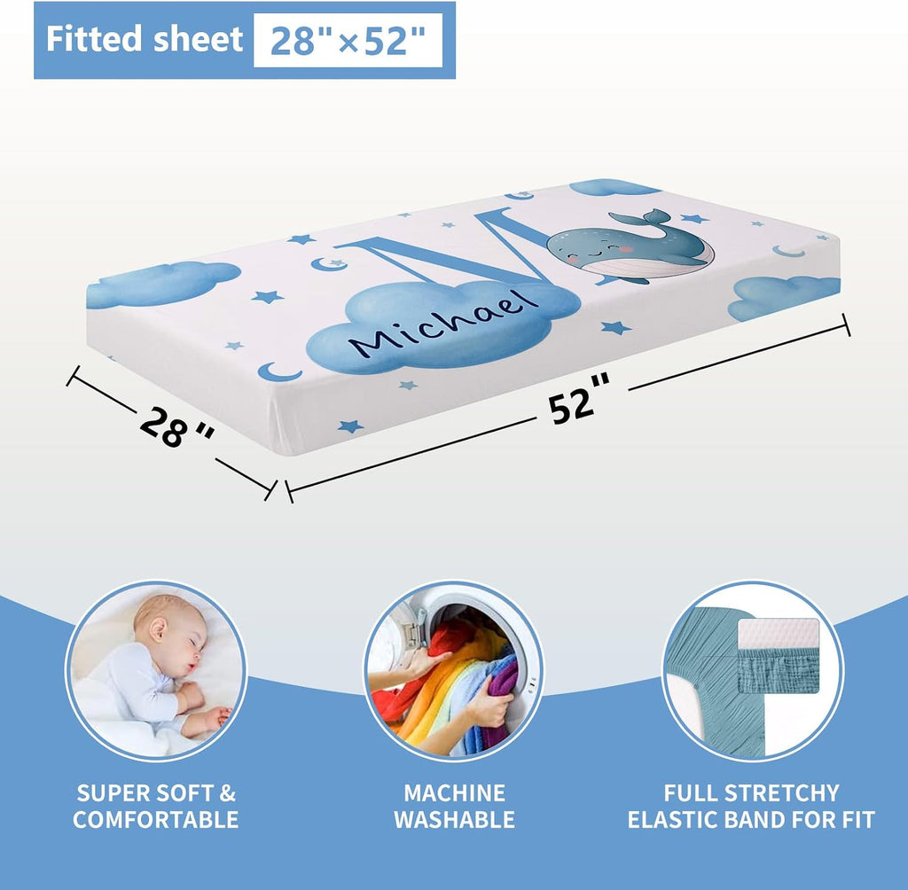 KAINSY Custom Crib Bedding Set, 5 Pcs Personalized Name Monogram Baby Crib Sets for Infants Toddlers, Blue Whale Nursery Bedding Set for Boys Girls, Double Layer Baby Bedding Sets Customized Gifts