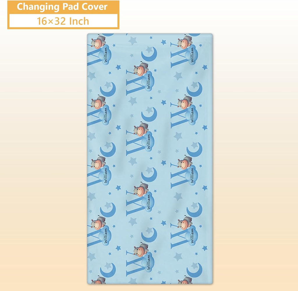 Terwex Custom Crib Bedding Set, 5 Pcs Personalized Name Baby Crib Sets for Newborns Infants Toddlers, Blue Hippo Nursery Bedding Set for Boys Girls, Double Layer Baby Bedding Sets Customized Gifts