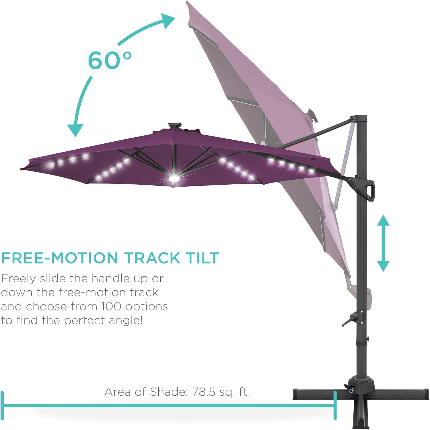 Best Choice Products 10ft Solar LED Cantilever Patio Umbrella, 360-Degree Rotation Hanging Offset Market Outdoor Sun Shade for Backyard, Deck, Poolside w/Lights, Easy Tilt, Cross Base - Purple