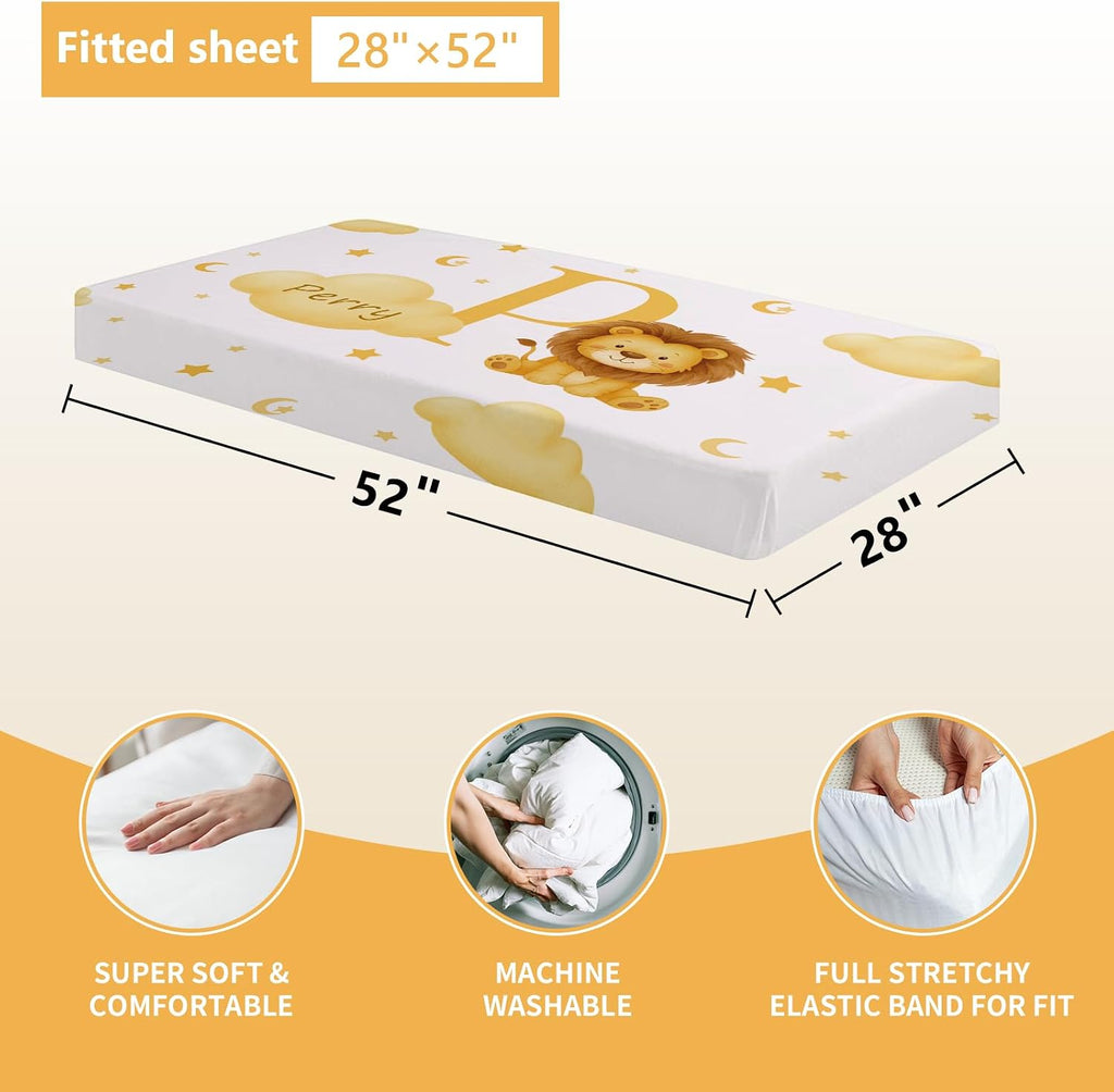 Terwex 5 Piece Customized Crib Bedding Set for Boys & Girl- Custom Name Baby Crib Yellow Lion Nursery Bedding Set with Fitted Sheet, Soft Blanket, Rug, Personalized Gifts for Newborn Infant Toddler