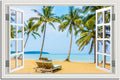 Beach Canvas Wall Art Picture for Living Room White Fake Window Frame Style Blue Tropical Palm Tree Art Print Ocean Wall Painting for Bedroom Extra Large Blue Seascape Theme Coastal Artwork for Home Office Basement Decorations32x48inch