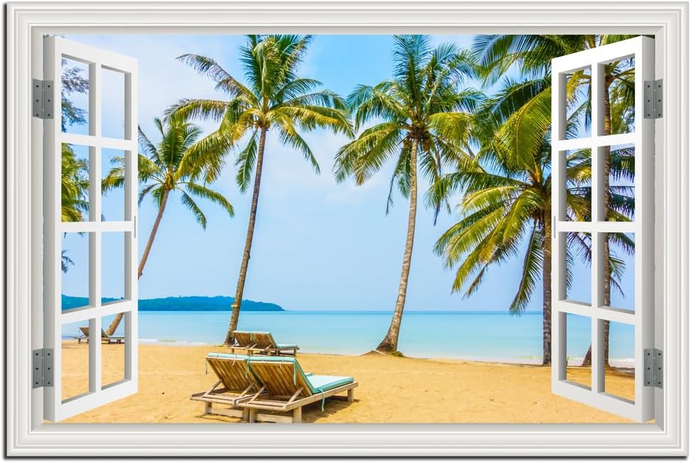 Beach Canvas Wall Art Picture for Living Room White Fake Window Frame Style Blue Tropical Palm Tree Art Print Ocean Wall Painting for Bedroom Extra Large Blue Seascape Theme Coastal Artwork for Home Office Basement Decorations32x48inch