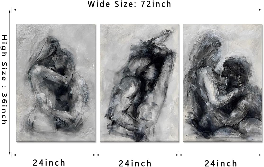 Large Abstract Sexy Canvas Wall Art Set of 3 Abstract Naked Couple Black and White Canvas Print Painting for Bathroom Bedroom Home Decorations 24x36inchx3pcs