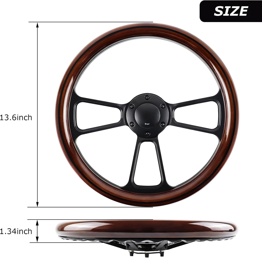 14 Inch Universal Wooden Racing Steering Wheel 6 Bolt Black Aluminum 3 Spoke Vintage with Horn Button for Racing/Rally/Motorsports Black Line Steering Wheel