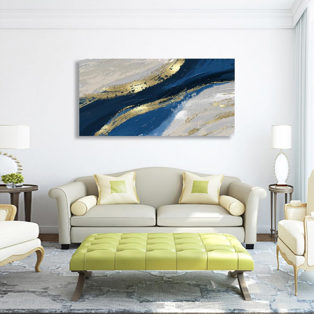 Abstract Canvas Wall Art for Living room Office Bedroom Golden Blue Wall Art Print Oil Paintings Modern Abstract River Texture Pictures Wall Decor Artwork Waterproof Ready to Hang - 70in * 35inch