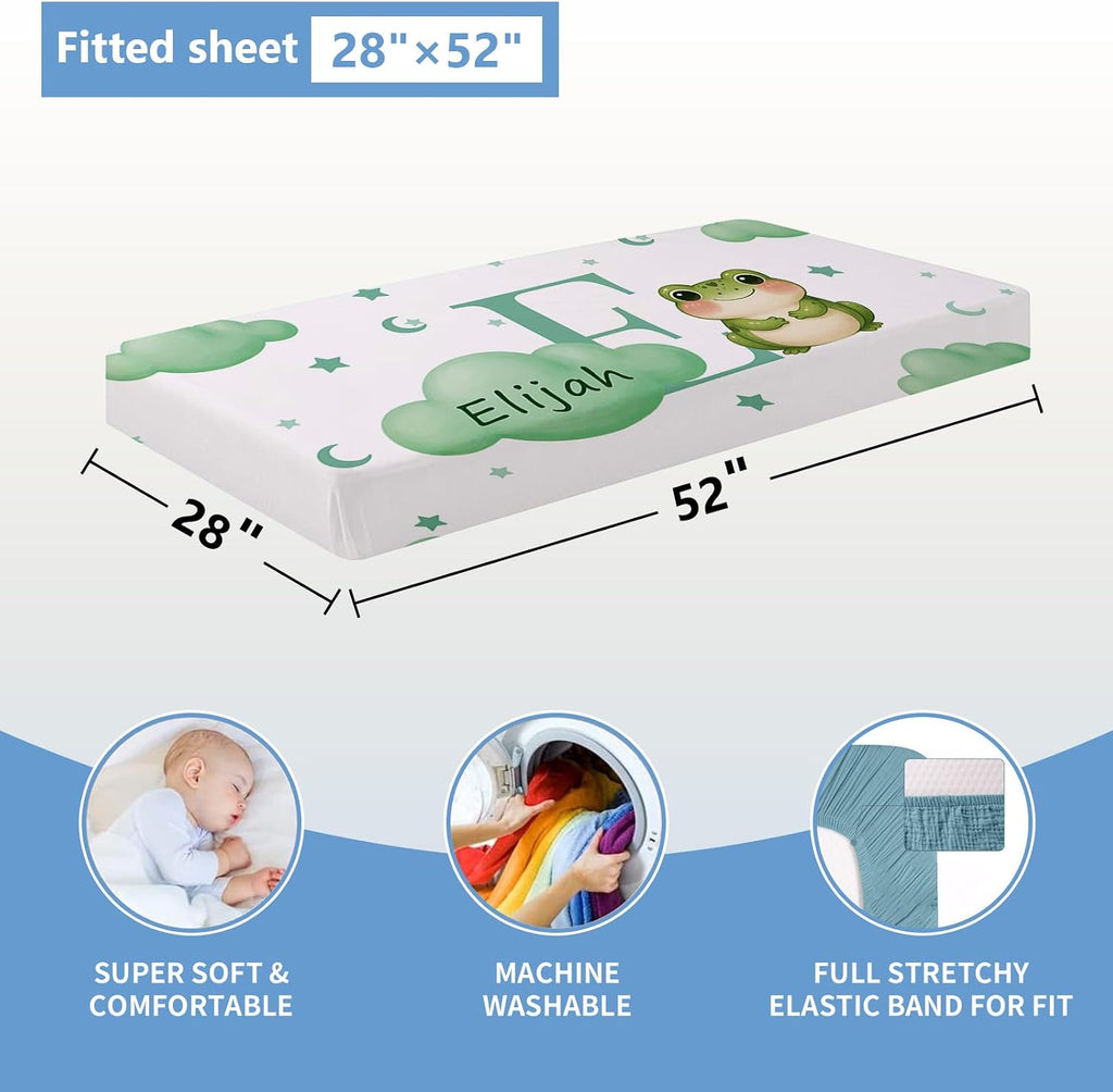 KAINSY Custom Crib Bedding Set, 5 Pcs Personalized Name Monogram Baby Crib Sets for Infants Toddlers, Green Frog Nursery Bedding Set for Boys Girls, Double Layer Baby Bedding Sets Customized Gifts