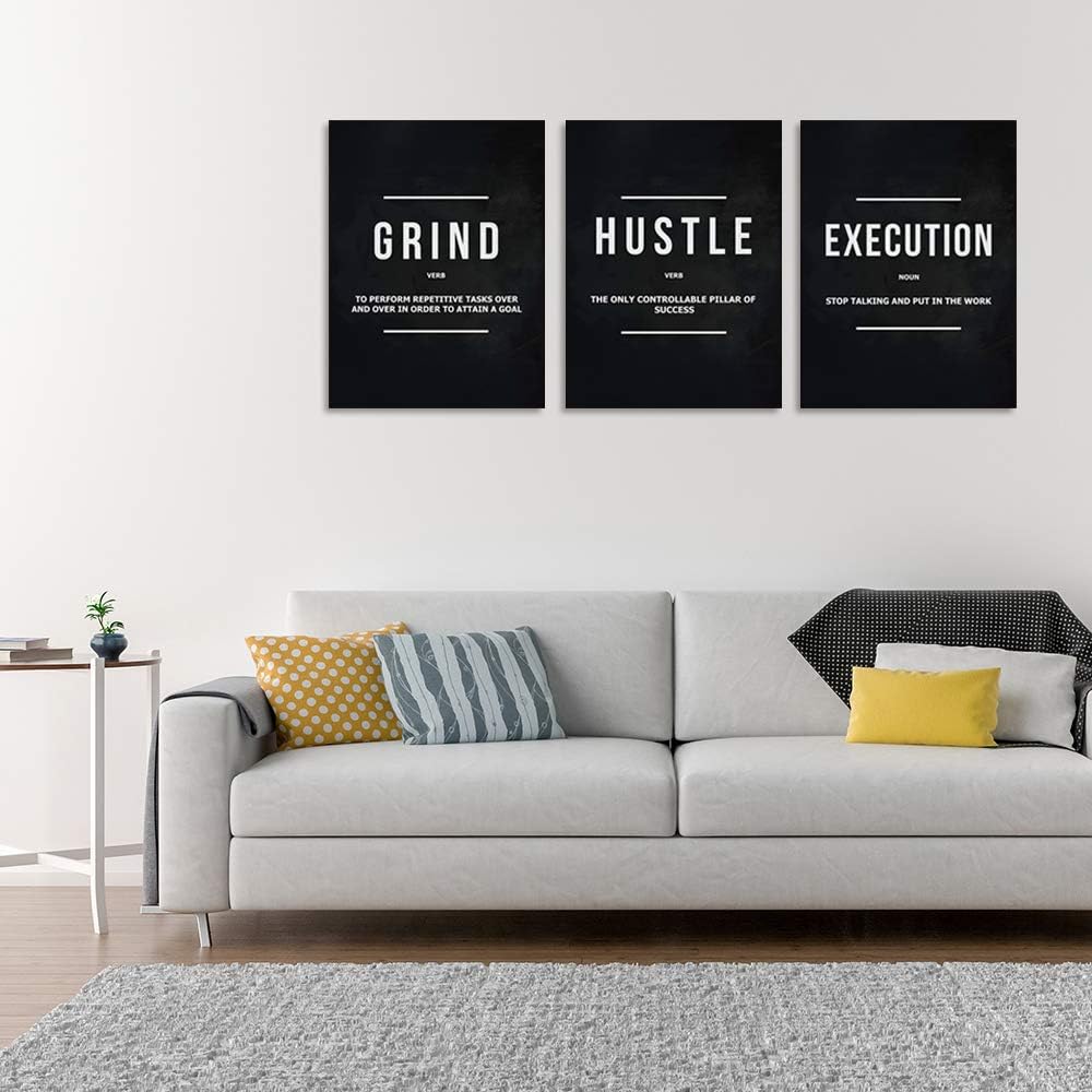 Motivational Office Wall Decor Inspirational Success Canvas Wall Art Hustle Posters Prints Entrepreneur Quote Wall Picture Paintings 3 Pieces Artwork Home Bedroom Framed Easy to Hang(72'Wx36'H)