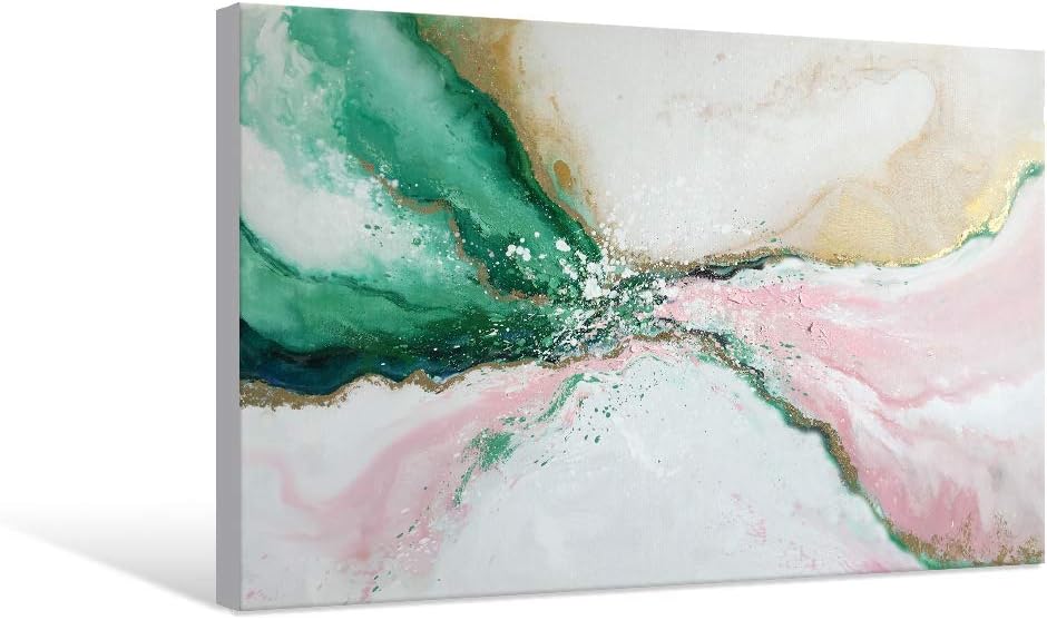 7Fisionart Abstract Large Wall Decor for Bedroom Emerald Green and Gold Paintings Pink Canvas Art Pictures Prints Poster Modern Framed Artwork Office Living Room Kitchen Decorations 48'x32'