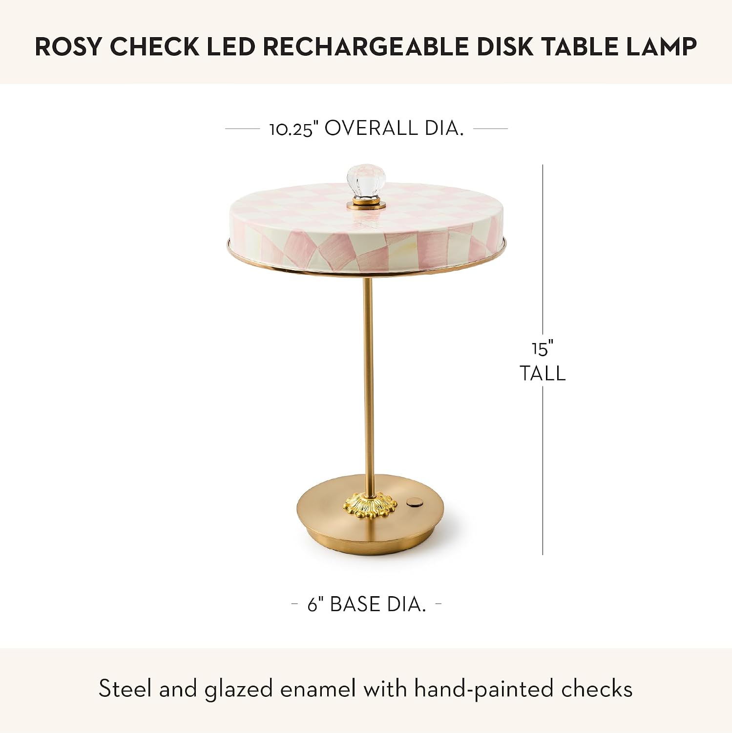 MACKENZIE-CHILDS LED Rechargeable Disk Table Lamp, Cordless Touch Lamp, Pink-and-White Rosy Check