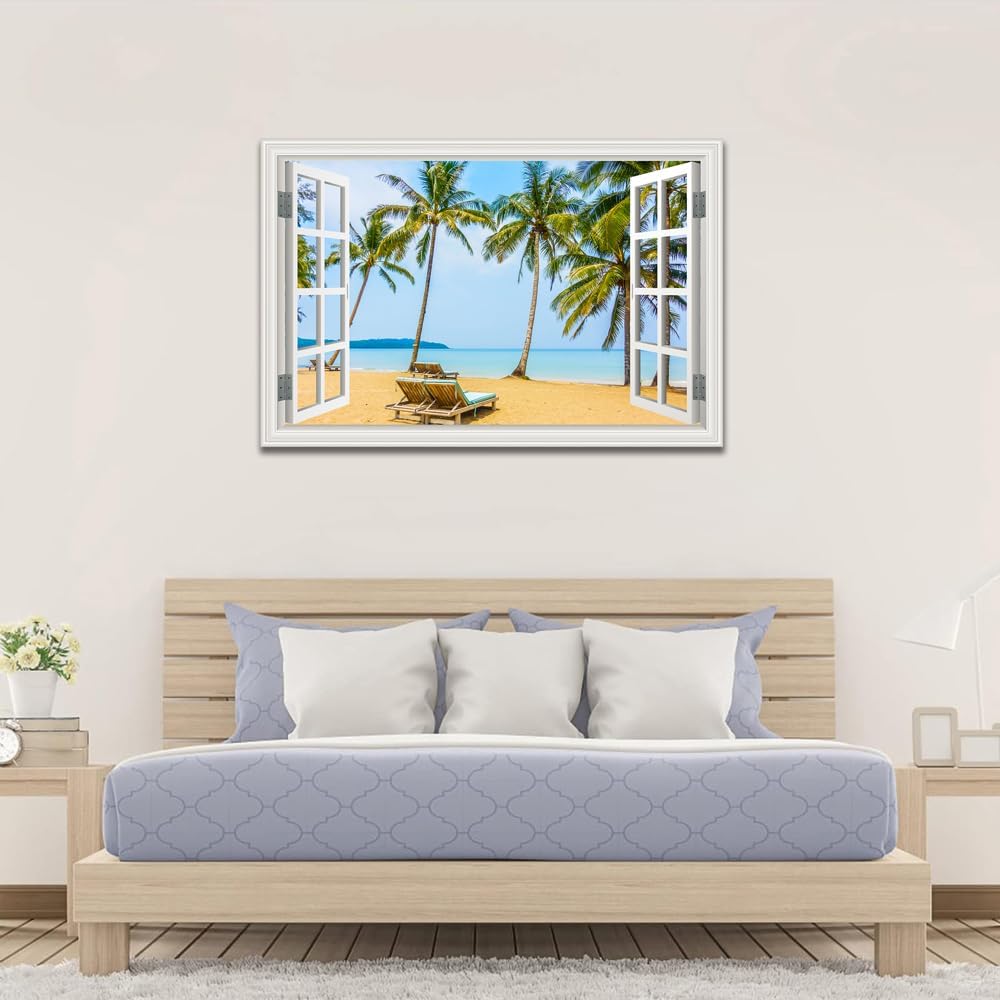 Beach Canvas Wall Art Picture for Living Room White Fake Window Frame Style Blue Tropical Palm Tree Art Print Ocean Wall Painting for Bedroom Extra Large Blue Seascape Theme Coastal Artwork for Home Office Basement Decorations32x48inch