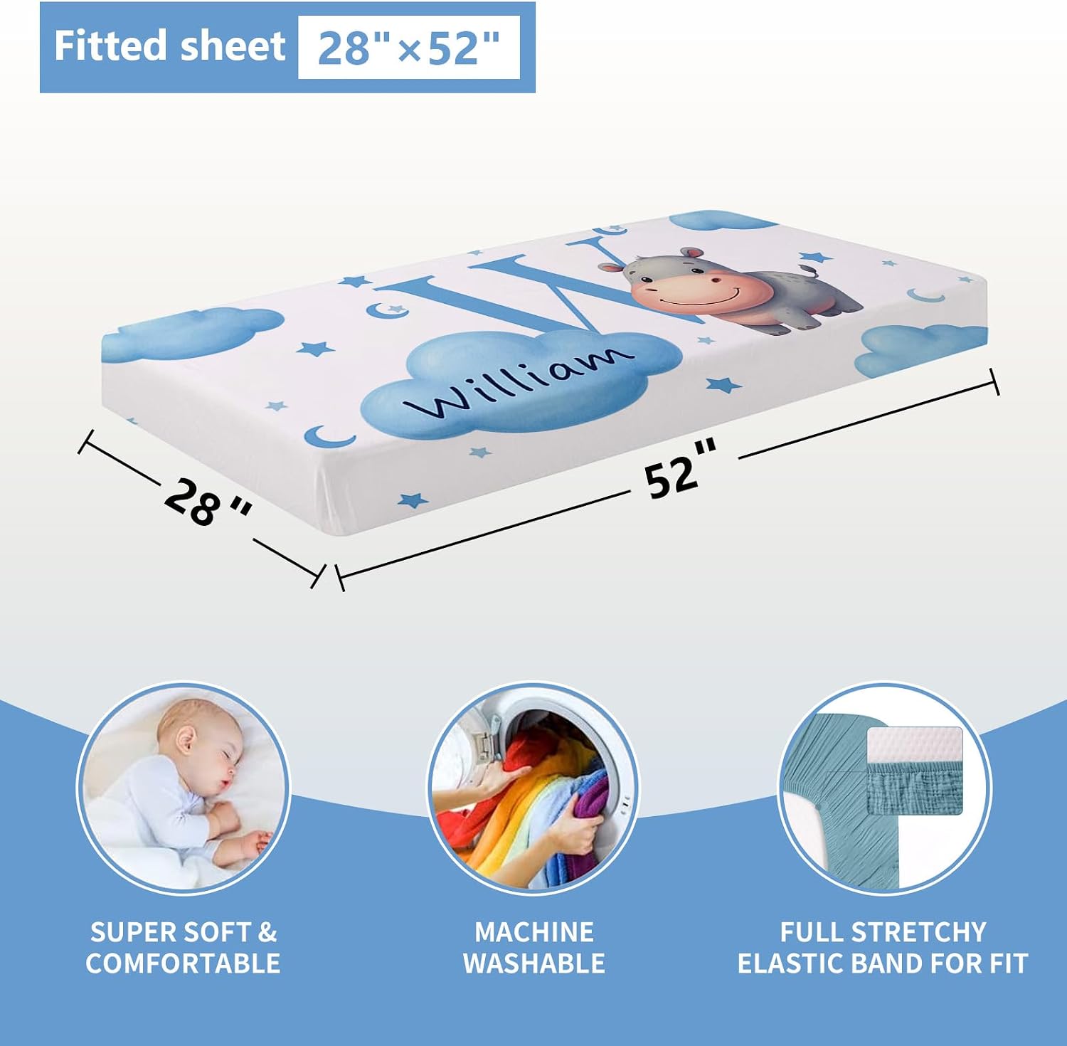 KAINSY Custom Crib Bedding Set, 5 Pcs Personalized Name Monogram Baby Crib Sets for Infants Toddlers, Blue Hippo Nursery Bedding Set for Boys Girls, Double Layer Baby Bedding Sets Customized Gifts