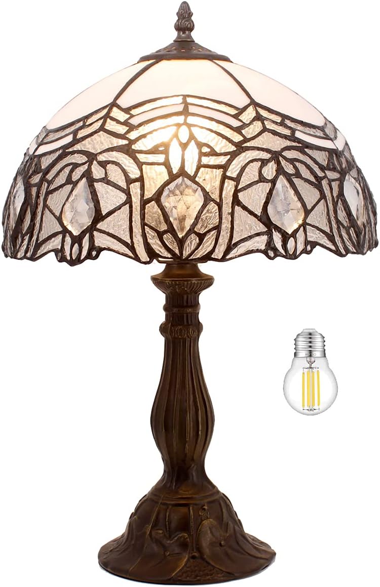 WERFACTORY Tiffany Lamp White Bent Stained Glass Bedside Table Lamp Desk Reading Light 12X12X18 Inches Decor Bedroom Living Room Home Office S508W Series