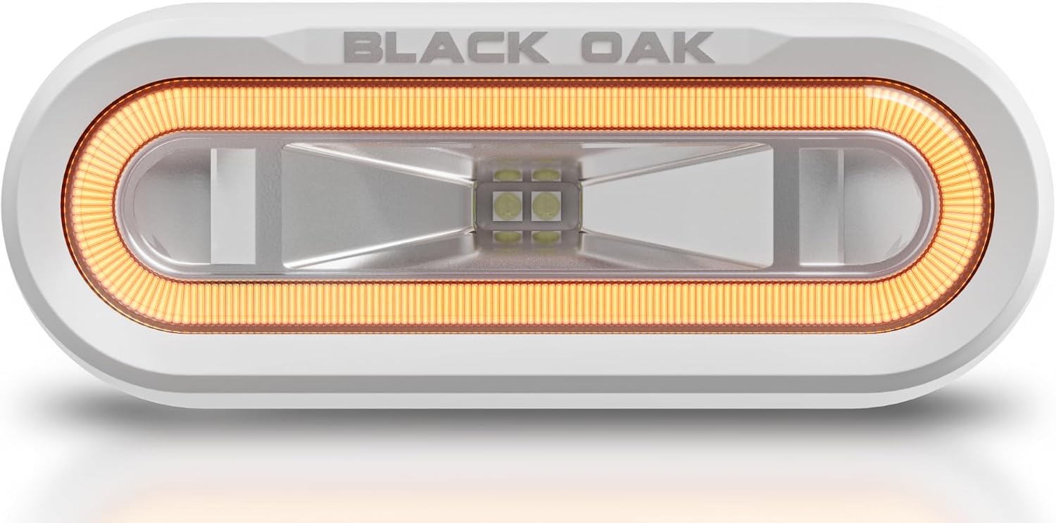 Black Oak Low Pro™ Waterproof Marine Spreader Lights – LED Deck or Dock Light Bar, 2000 Lumens, 120° Beam, IP69K, Bracket Mount (White Housing, Amber Halo)