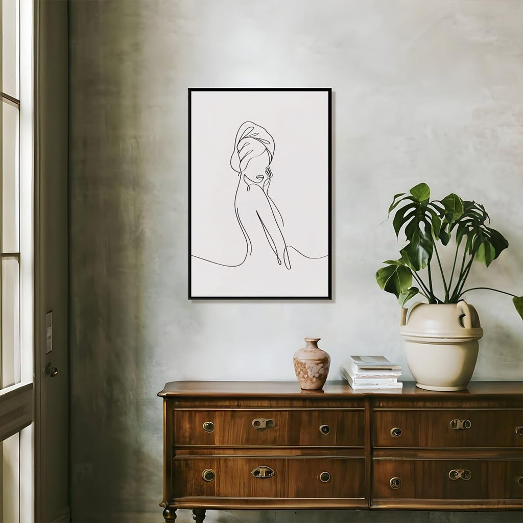 Trendy Female Sketch Wall Art Elegant Home Artwork Decor Minimalist Black and White Body Line Painting Poster Abstract Canvas Print Wall Decor for Bedroom Washroom Bathroom black framed20x30inch