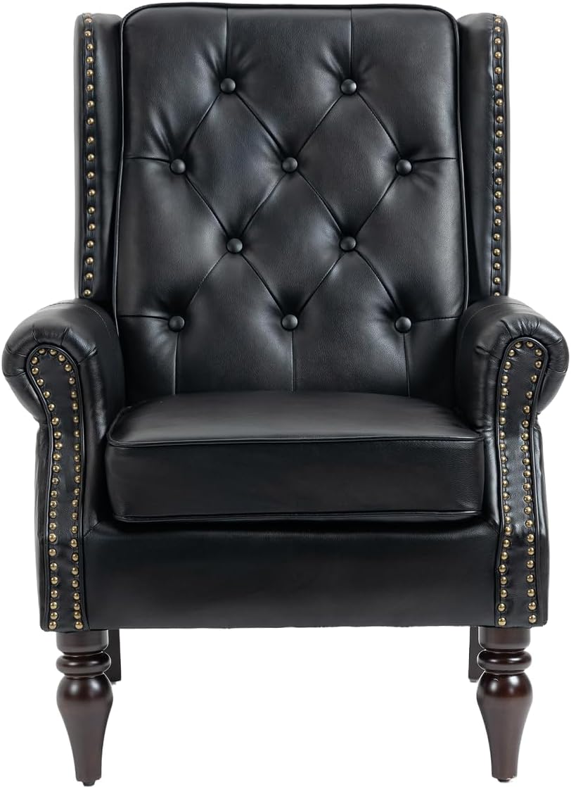 Mid-Century Wingback Chairs Set of 2,Faux Leather Accent Chairs Armchair with Buttons,Modern Living Room Chairs with Rivet Decoration,Single Sofa Chair for Bedroom,Club,Home Reception (Black)
