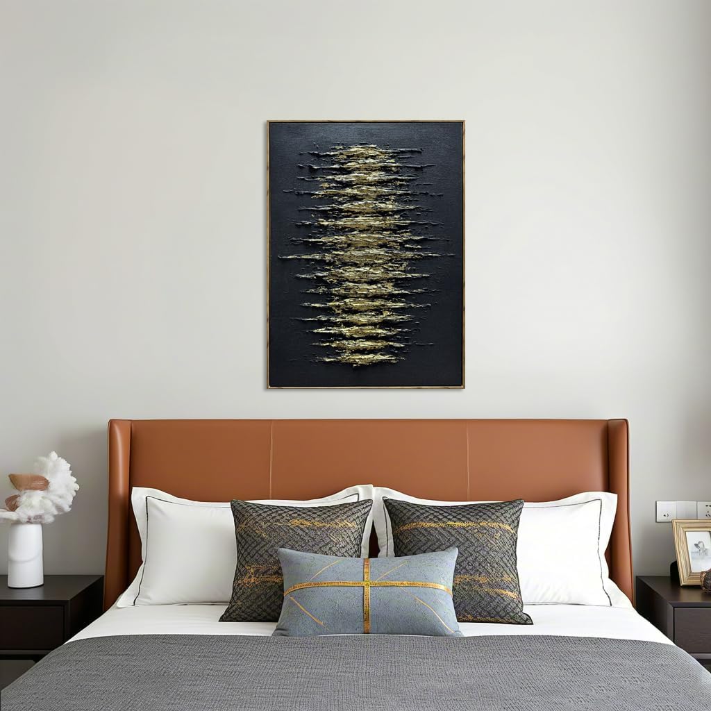 Boiee Art,24x36Inch Handmade Golden Textured Acrylic Canvas Wall Art Modern Black Decorative Paintings Abstract Framed Artwork