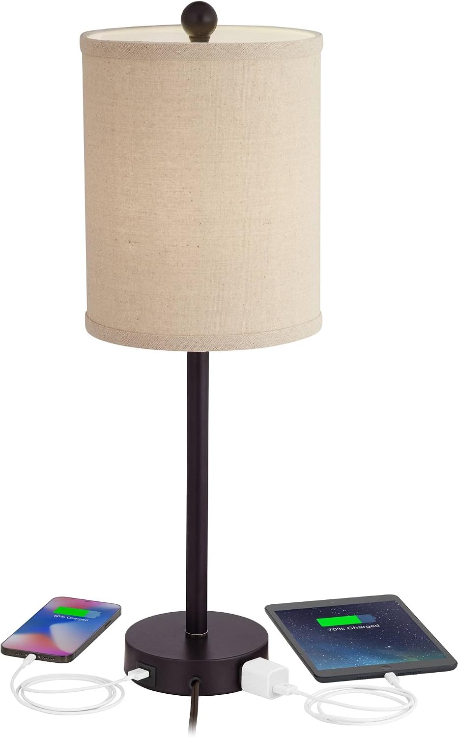 360 Lighting Trotter Modern Industrial Table Lamps 23.75' High Set of 2 with USB and Outlet in Base Dimmable LED Oil Rubbed Bronze Burlap Fabric Shades Living Room Desk Bedroom House Bedside