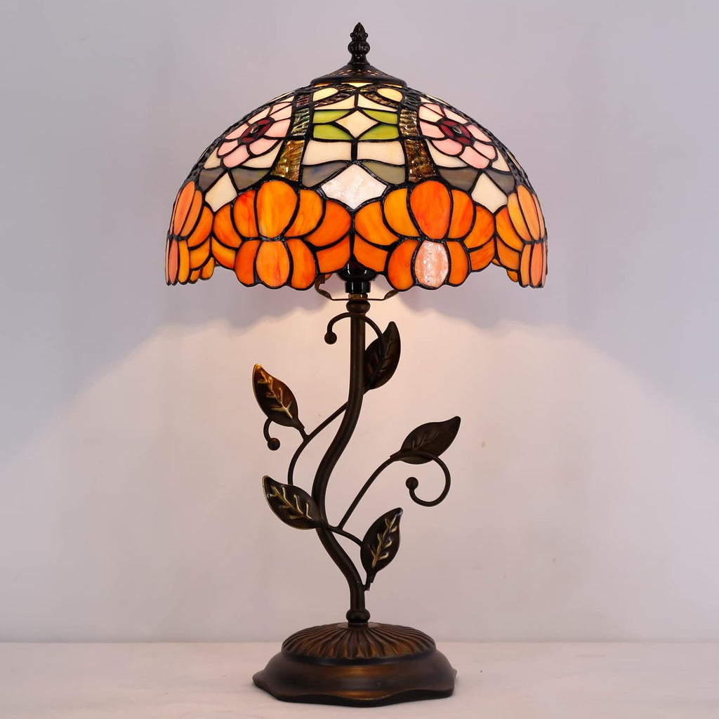 Tiffany Lamp Orange Flower Stained Glass Table Lamp Desk Bedside Reading Light 12X12X19 Inches with Metal Leaf Base Decor Bedroom Living Room