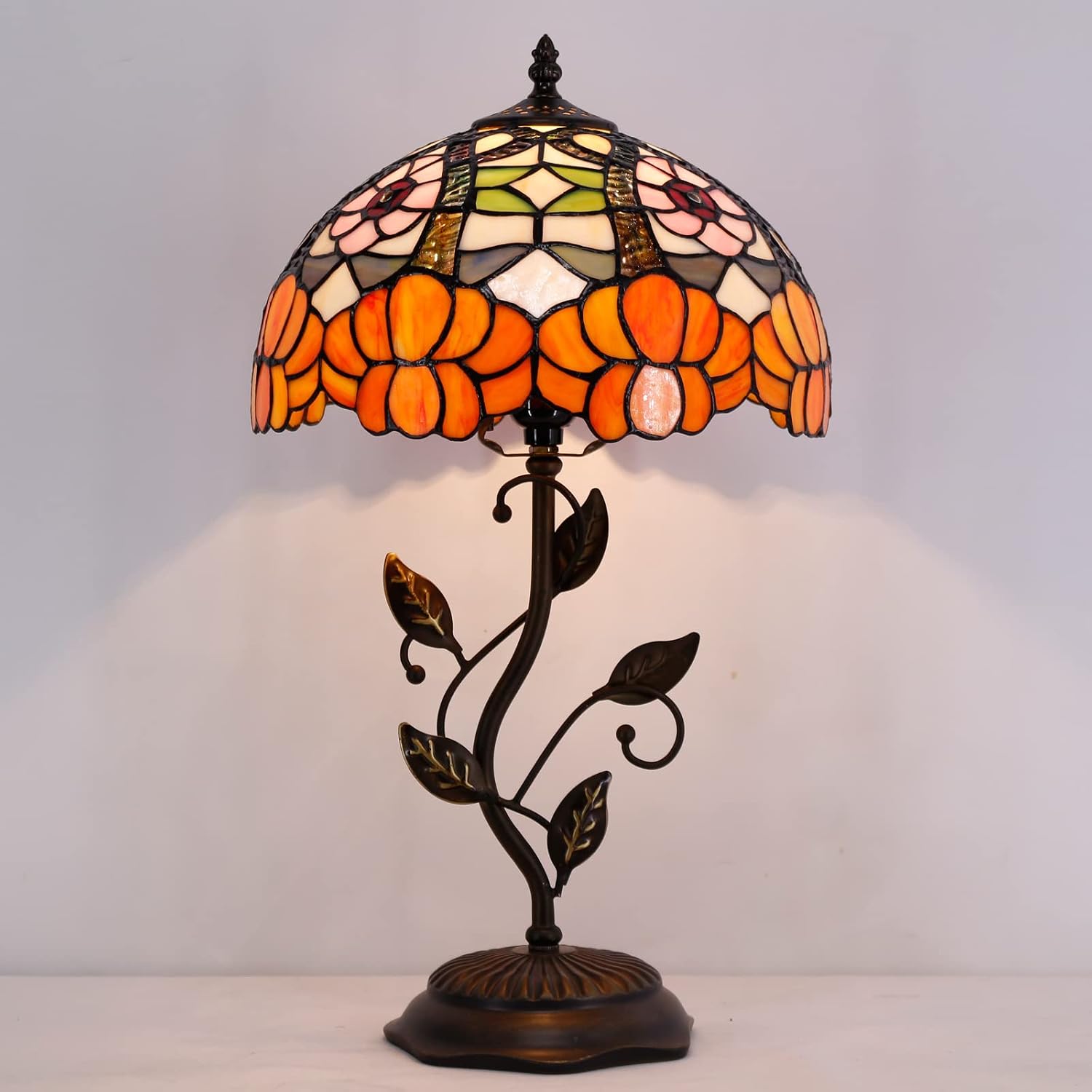 Tiffany Lamp Orange Flower Stained Glass Table Lamp Desk Bedside Reading Light 12X12X19 Inches with Metal Leaf Base Decor Bedroom Living Room