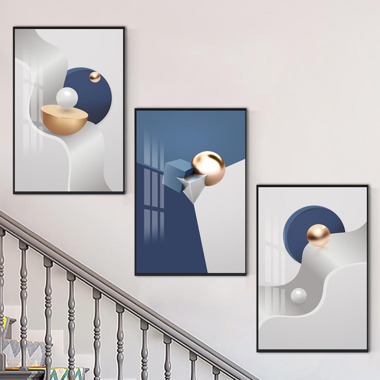 QKF Large Blue Geometry Abstract Wall Art Bright Canvas Decorative Painting Now Home, Bedroom, Living Room Painting Poster Printing Wall Decor 3-piece Set 20' X 28'