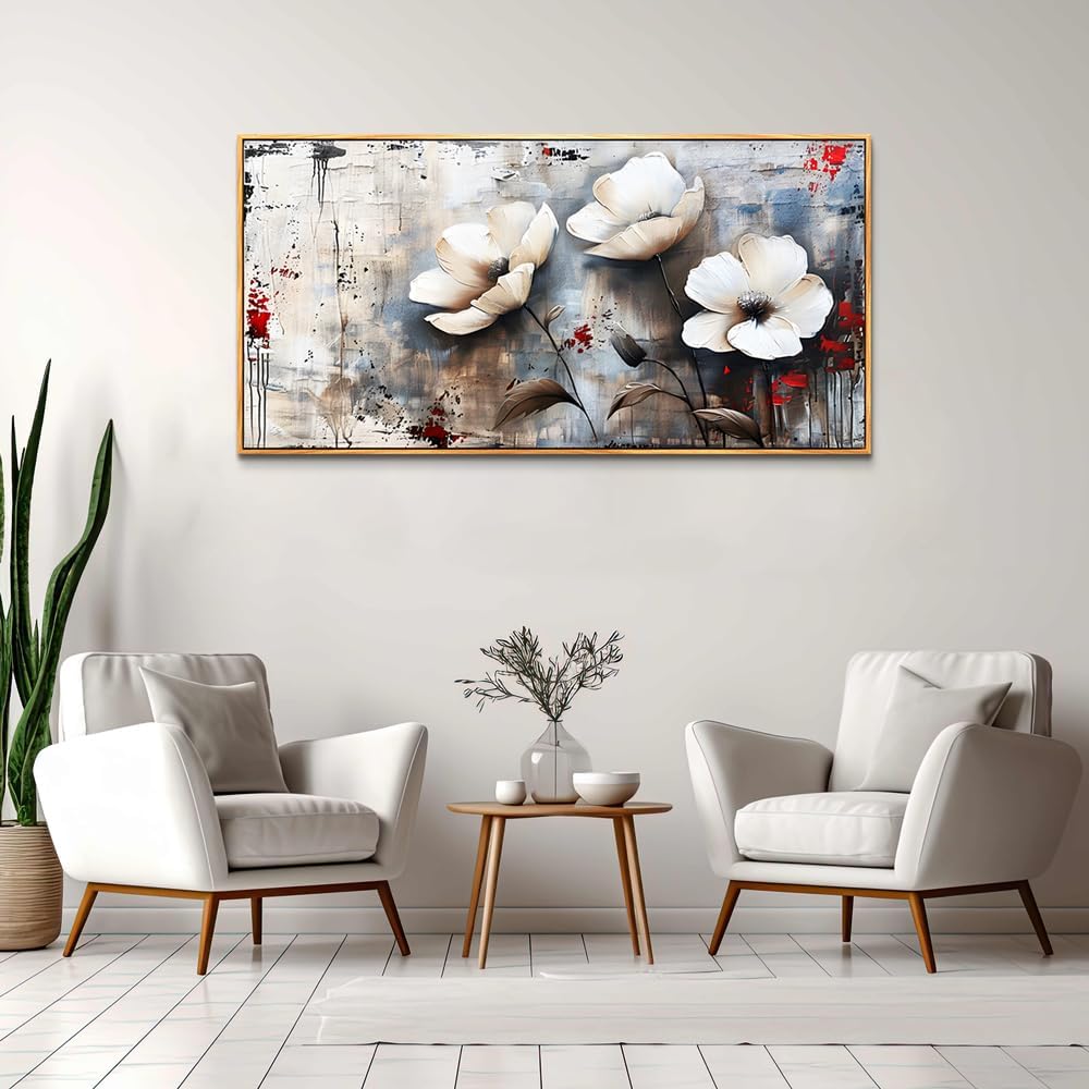 hyidecorart Boho Framed Wall Decor For Living Room Large Wall Art For Office Bedroom Decor Flowers Wall Painting Textured Pictures Artwork Vintage Style Wood Framed Canvas Prints Modern Hotel Mural