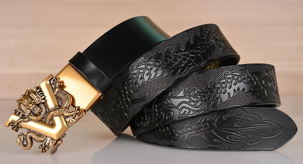Mens Ratchet Leather Belt, Genuine Leather belts, Engraved Vintage Dragon Eagle Tiger Buckle, Business leisure belt