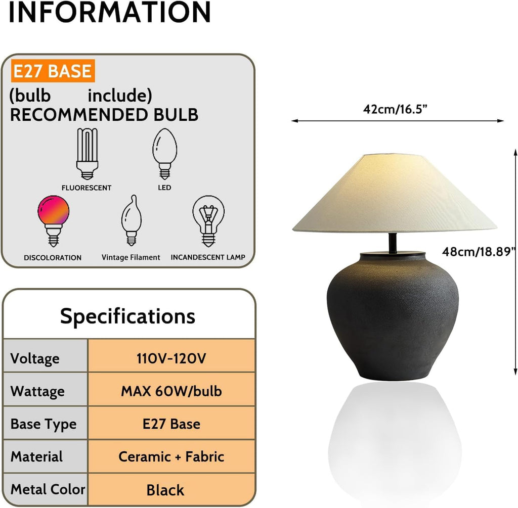 Farmhouse Table Lamps Black 18.8' Tall Ceramic Table Lamp Rustic Southwestern Clay Pot Ceramic Lampshade with Fabric Shade Bedside Nightstand for Living Room Bedroom House Office Entryway (Black)