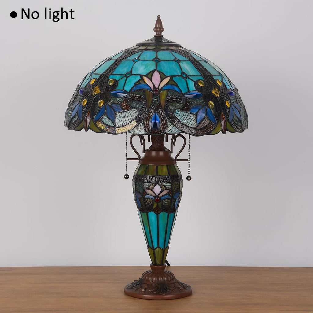 Tiffany Table Lamp with NightLight,16 inch Green Large Stained Glass Table Light,Antique Style 3-Lights Desk Lamp for Living Room Bedroom Office
