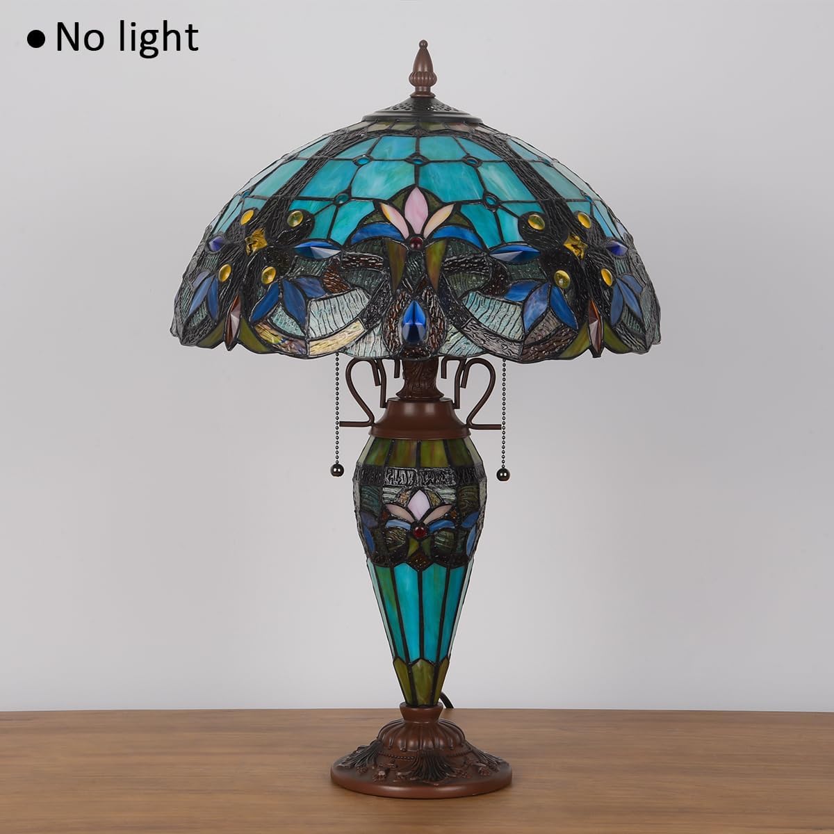 Tiffany Table Lamp with NightLight,16 inch Green Large Stained Glass Table Light,Antique Style 3-Lights Desk Lamp for Living Room Bedroom Office
