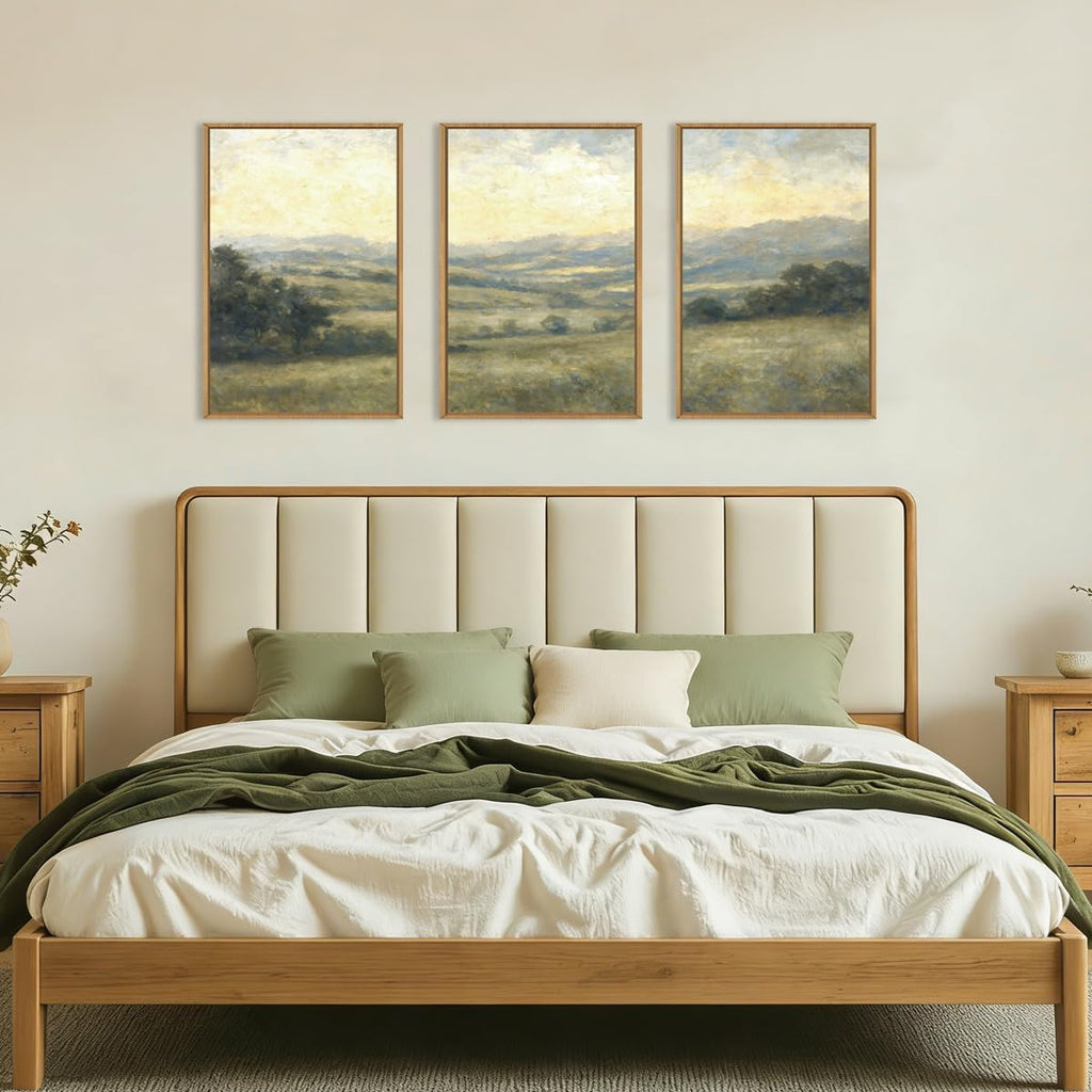 Large Vintage Green Grey Landscape Framed Canvas Wall Art Set,Abstract Rustic Countryside Forest Wall Decor,Retro Oil Painting Wilderness Artwork for Living Room,Bedroom,Farmhouse-24 x36 x3