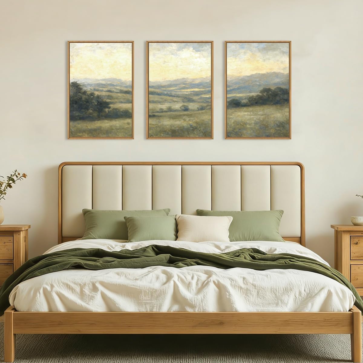 Large Vintage Green Grey Landscape Framed Canvas Wall Art Set,Abstract Rustic Countryside Forest Wall Decor,Retro Oil Painting Wilderness Artwork for Living Room,Bedroom,Farmhouse-24 x36 x3