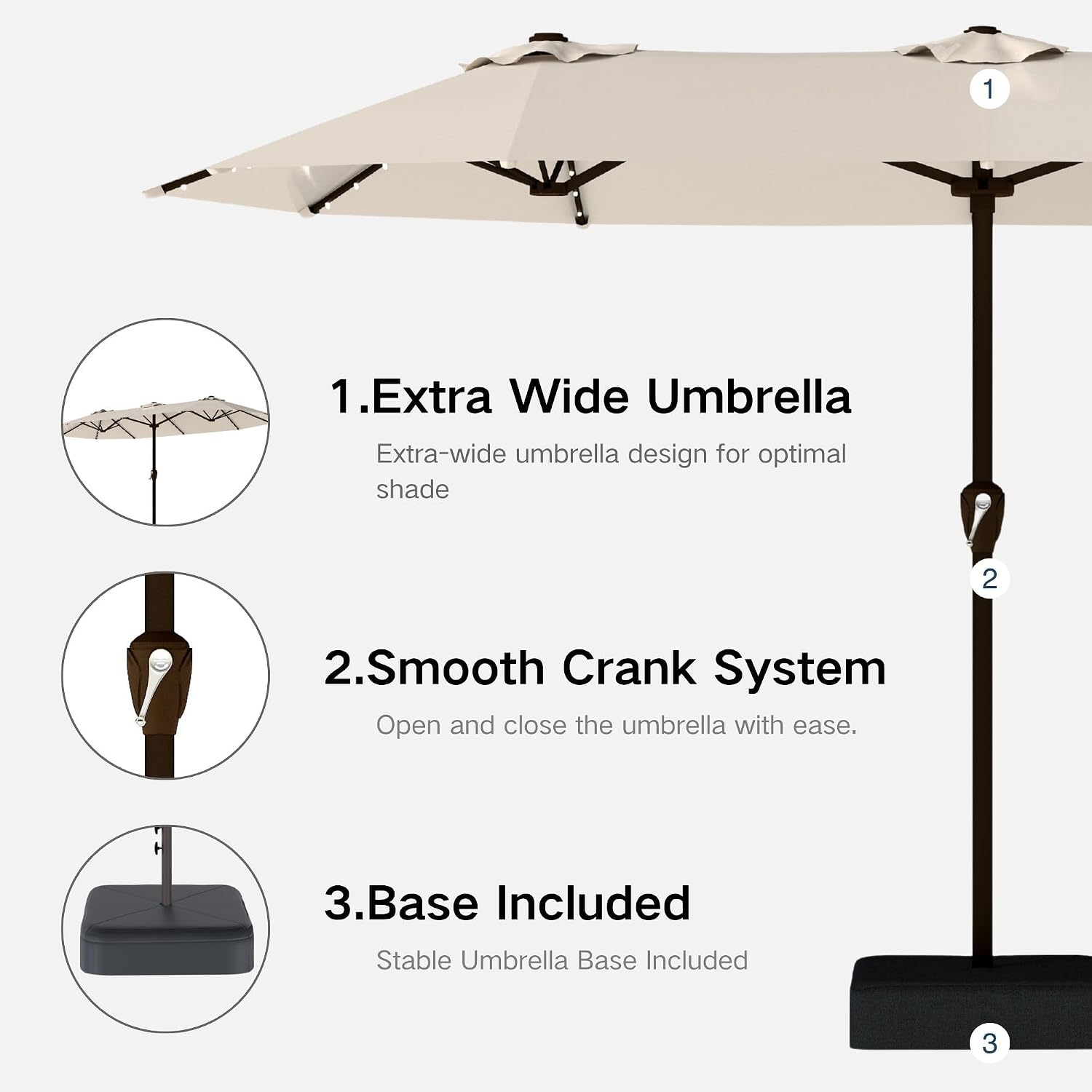 Kingdura 13ft Large Patio Umbrella with Solar Lights, Double-Sided Rectangle Outdoor Table Umbrella with Base Included, 12 Reinforced Ribs, 48 Led Lights, Crank Lift for Market Pool Deck, Beige