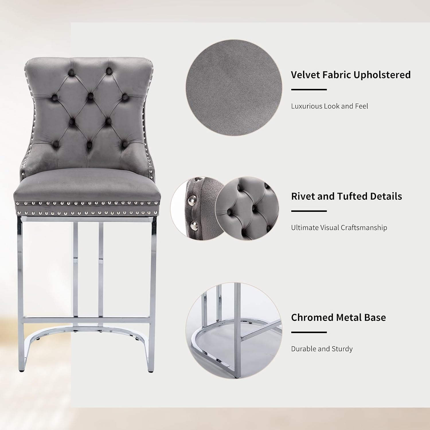 25' Counter Height Bar Stools Set of 6, Velvet Counter Stools for Kitchen Island, Tufted High Chair with Backs, Fabric Upholstered Modern Barstools for Pub Cafe, Chromed Metal Legs (Gray, 6Pcs)