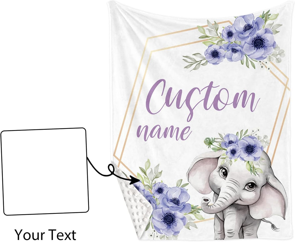 Personalized Baby Crib Bedding Set for Baby Girls, Purple Flower Pattern Elephant Theme Custom Name Baby Crib Sets 5-Pcs, Toddler Double Layer Blanket Fitted Sheets Changing Pad Cover Rug Wall Art Set
