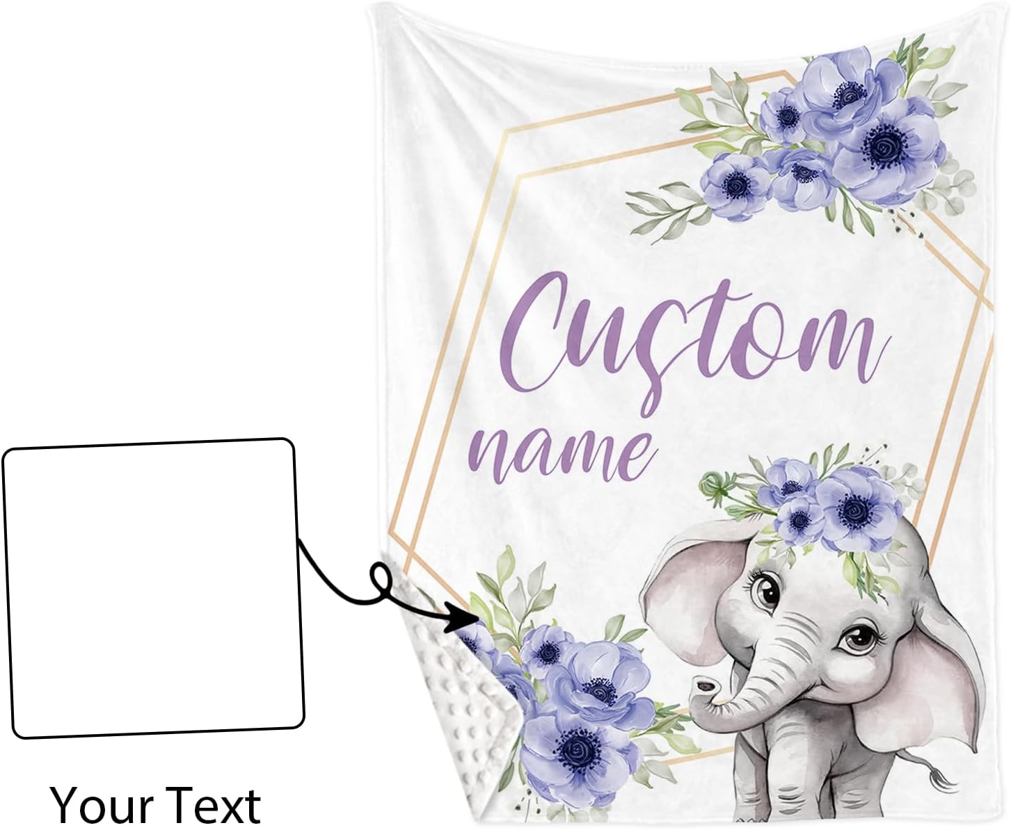 Personalized Baby Crib Bedding Set for Baby Girls, Purple Flower Pattern Elephant Theme Custom Name Baby Crib Sets 5-Pcs, Toddler Double Layer Blanket Fitted Sheets Changing Pad Cover Rug Wall Art Set