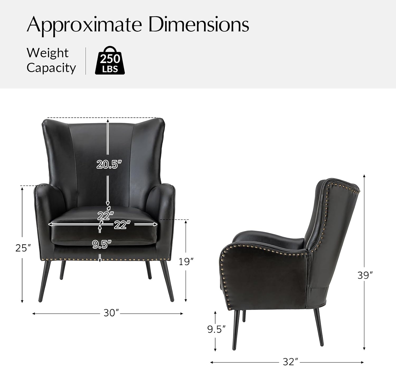 HULALA HOME Faux Leather Accent Chair Set of 2 with Removable Cushion, Comfy Upholstered Armchair with Metal Legs & Nailhead Trim Wingback Vanity Chair for Reading Living Room Bedroom, Black
