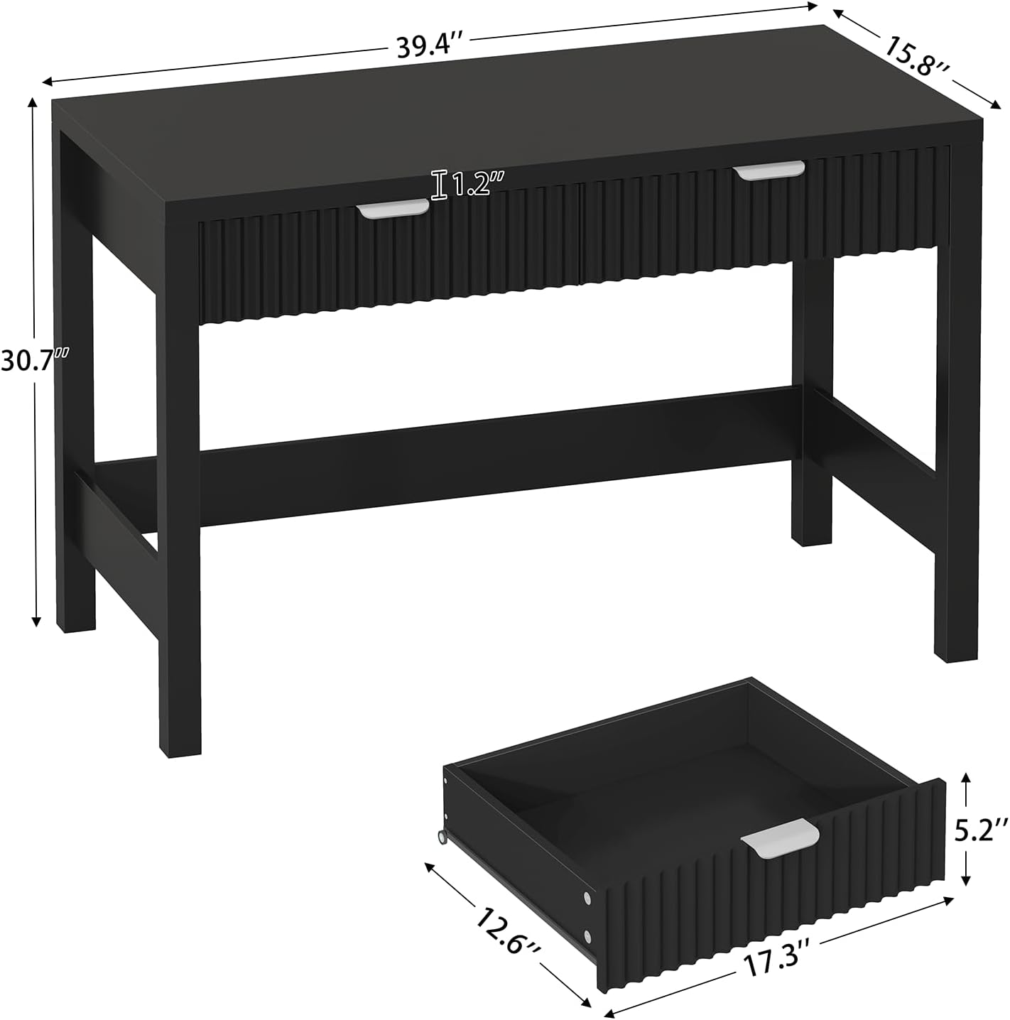 YOMILUVE Fluted Computer Desk with 2 Drawers, 39 Inch Small Computer Desk with Storage, Compact Writing Study Desk for Small Spaces, Black
