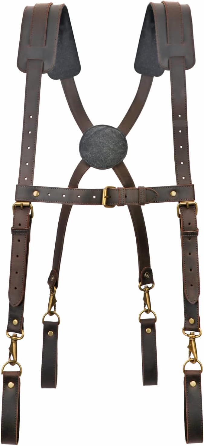 Tourbon Leather Construction Work Tool Belt with Suspenders for Men Faux Fleece Padded Heavy Duty Electrician's Combo Framing Carpenter Belts