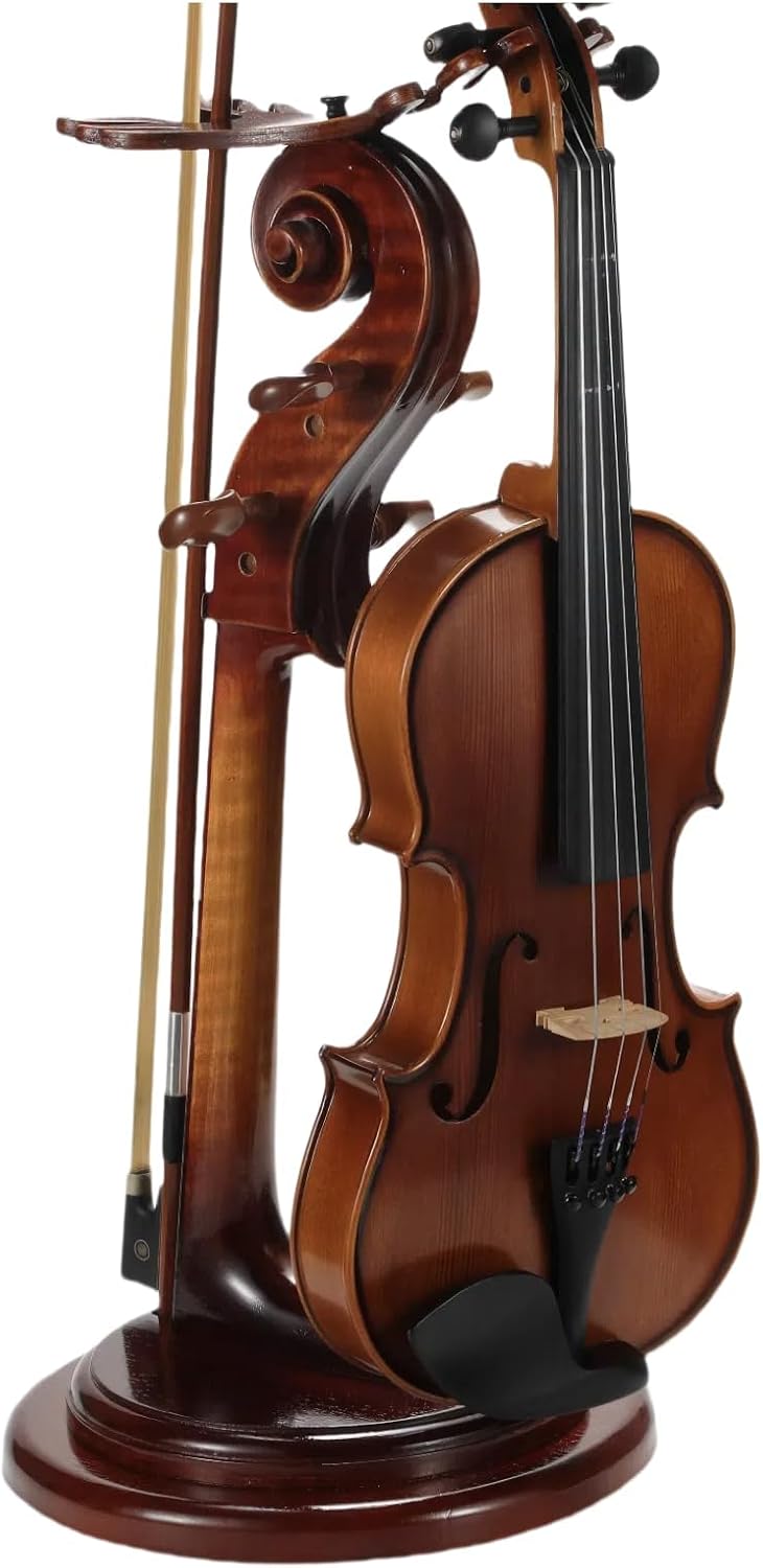 Solid Wood Violin Stand with Bow Holder - No Assembly Needed, Heavy-Duty 4/4 Size Display, Handcrafted Cut-Out Design for Home/Studio/Stage
