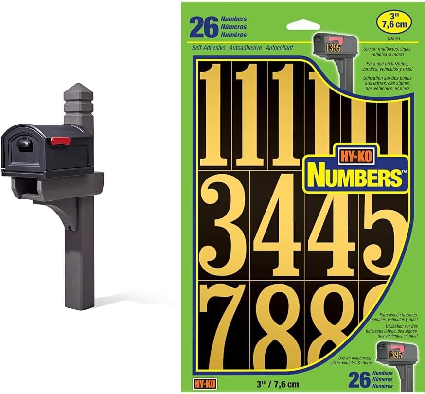 Step2 Lakewood Extra Large Mailbox and Mailbox Post Kit, Easy to Install, Mailboxes for Outside & Hy-Ko Products MM-5N Self Adhesive Vinyl Numbers 3' High, Black & Gold, 26 Pieces