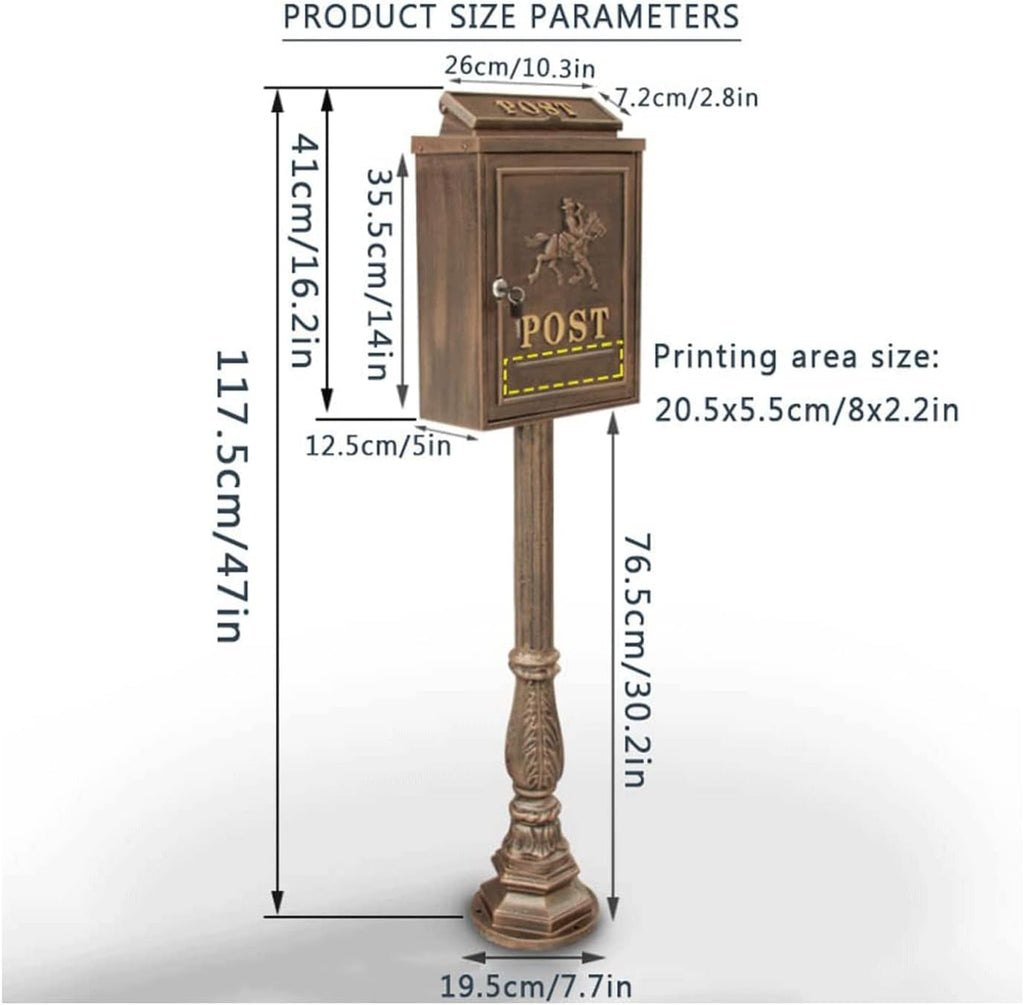 POCHY Exquisite Mailbox Vintage Post Box with Lock and Key Mailboxes with Cover for External Curbside Locking Security Mailbox Post Mount Drop Box Safer
