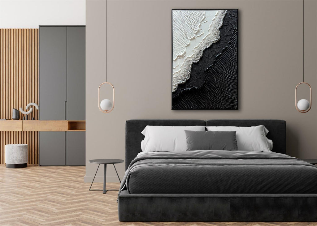 Framed Black and White Ocean Wave Wall Art, Modern Abstract Textured Paintings on Canvas, Relief Wall Art for Living Room Bedroom Wall Decor