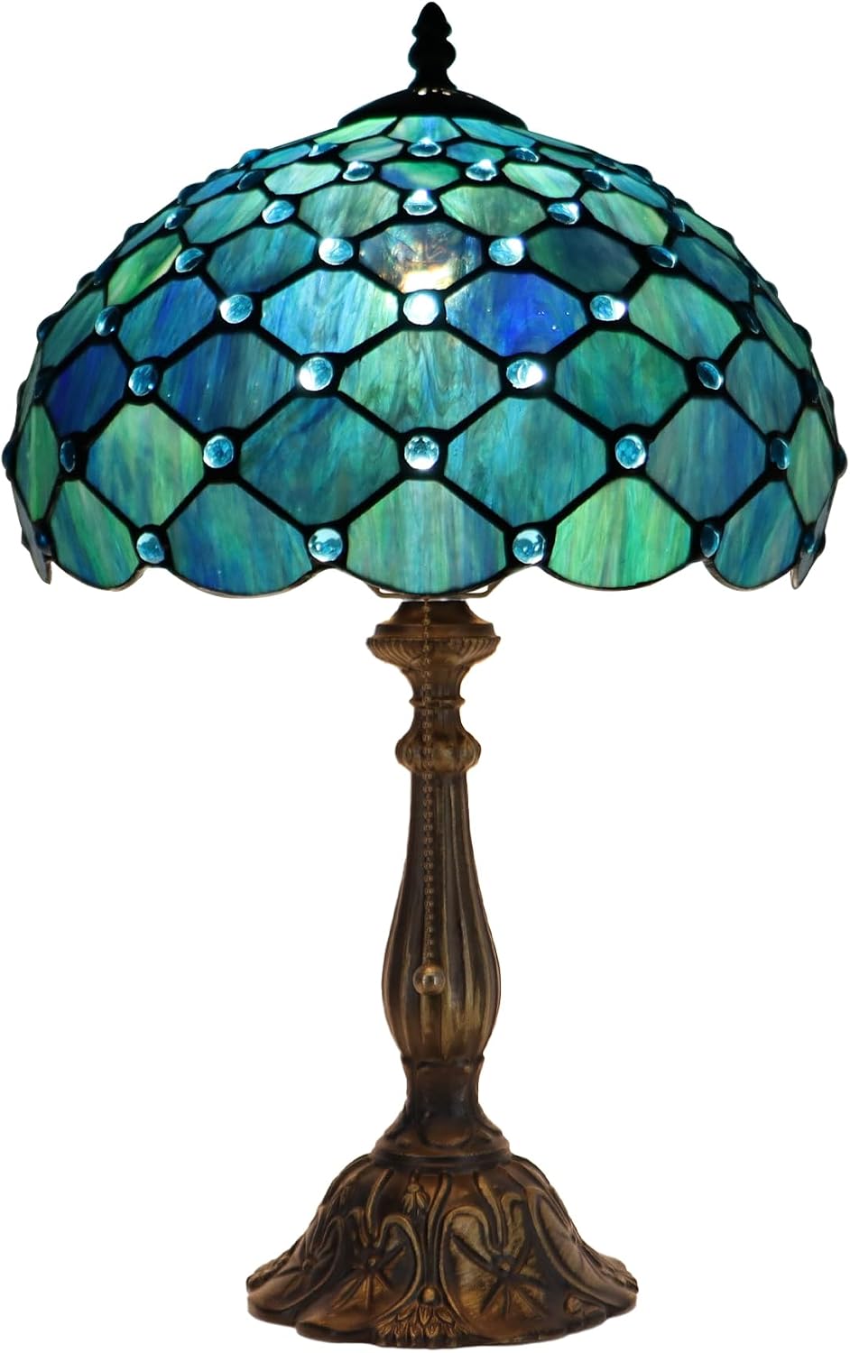 Tiffany Lamp Stained Glass Table Lamp Bedside Reading Light W12H19 Inches (Sea Blue Pearl Style)