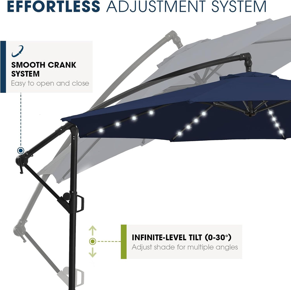 wikiwiki 10FT Solar Patio Offset Umbrella with Base Included, Outdoor Cantilever Umbrella Hanging Umbrellas with Weighted Sandbag Base, Market Patio Umbrella for Backyard, Garden & Deck, Dark Blue